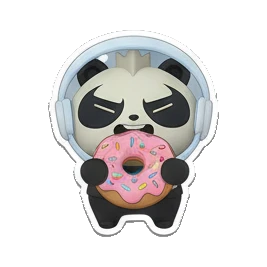 Panda wearing headphones and eating a donut. Cosmic Panda Adventures sticker for expressive chats and social replies.