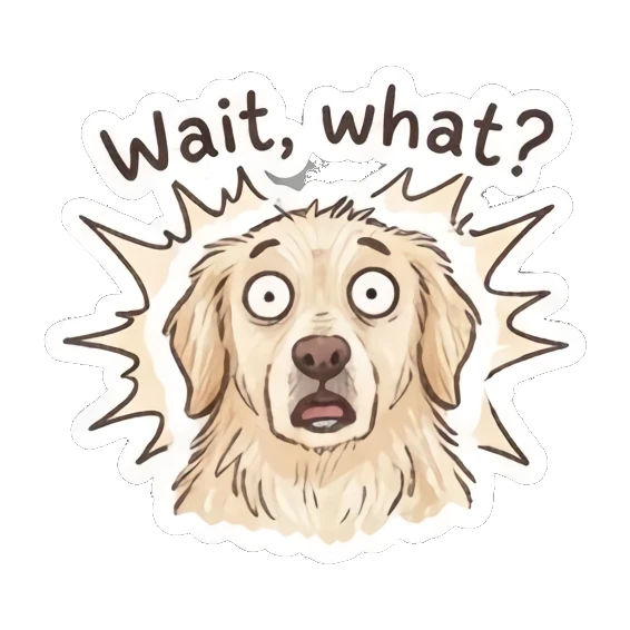 Shocked golden retriever with wide eyes, text Wait, what? Golden Doodle Daily Vibes sticker for expressive chats and social replies.