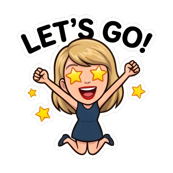 Blonde girl jumping with star eyes with text Let's go Blonde Pop Icon Expressions sticker for expressive chats and social replies.