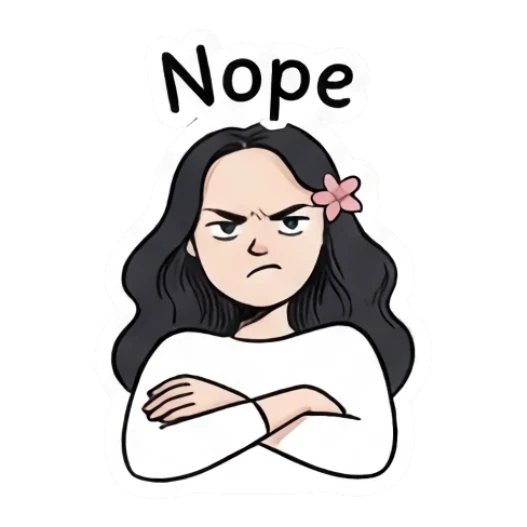 Girl looking stern with crossed arms, text Nope Charming Girl Daily Expressions sticker for expressive chats and social replies.