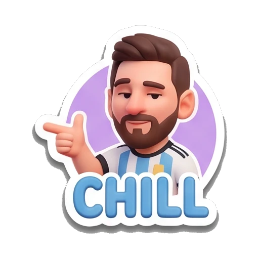 Messi character pointing sideways, text 'CHILL' Messimotes: Pure Emotion sticker for expressive chats and social replies.