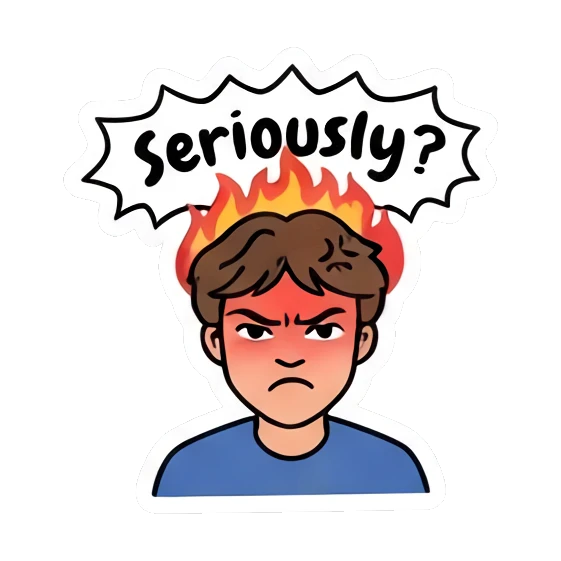 Boy with a flaming head looking angry with 'Seriously?' text Cool Guy Daily Vibes sticker for expressive chats and social replies.