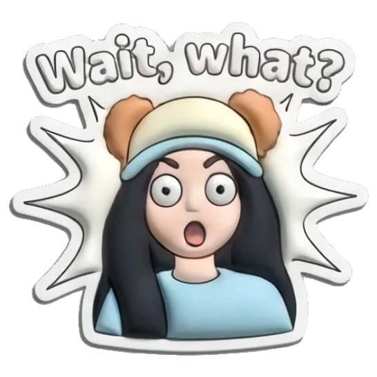 Girl looking shocked with Wait, what? text Puffy Girl Moods sticker for expressive chats and social replies.