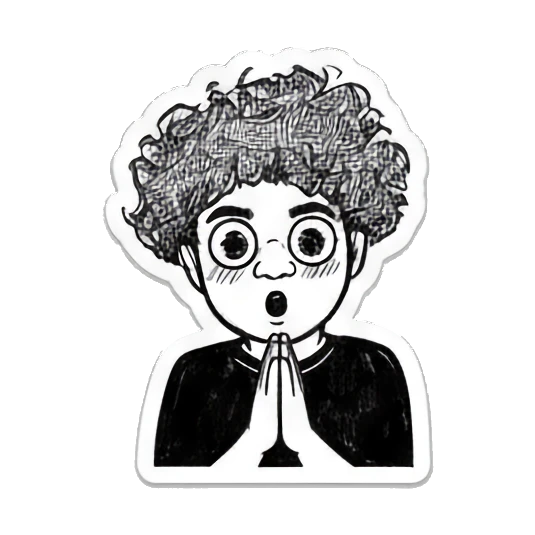 Curly-haired boy looking shocked with hands together. Curly Hair Doodle Vibes sticker for expressive chats and social replies.