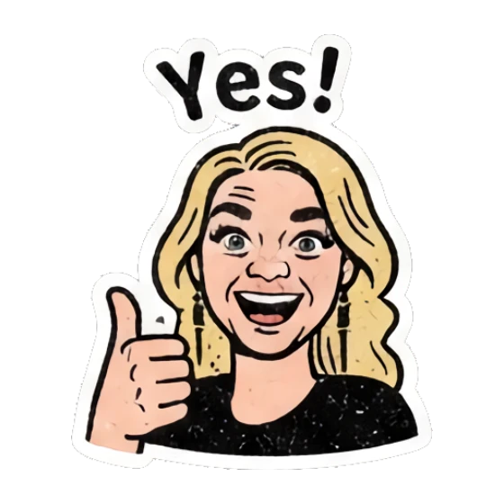 Blonde woman giving thumbs up with excitement with text Yes! Retro Blonde Daily Vibes sticker for expressive chats and social replies.