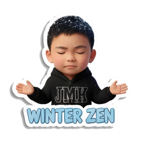 Boy meditating in lotus pose, winter zen Winter Boy Adventures sticker for expressive chats and social replies.