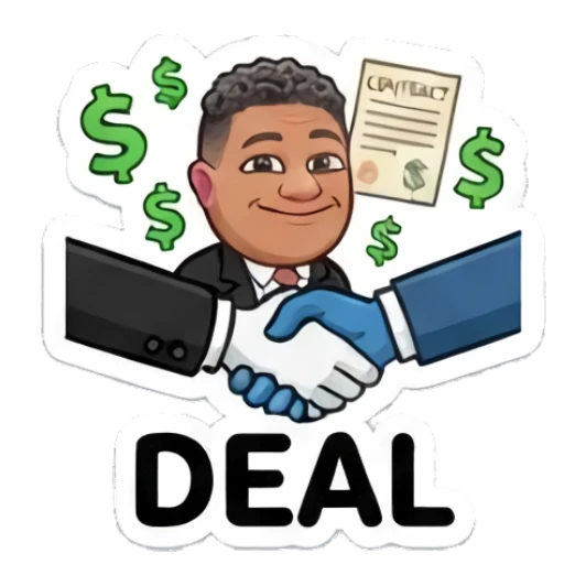 Man shaking hands with contract, text DEAL Cool Guy Daily Vibes sticker for expressive chats and social replies.