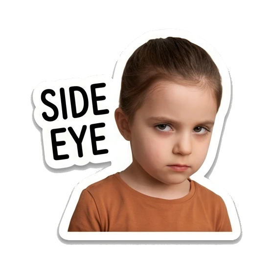 Young girl giving a side-eye look with a skeptical expression. Little Girl Daily Expressions sticker for expressive chats and social replies.