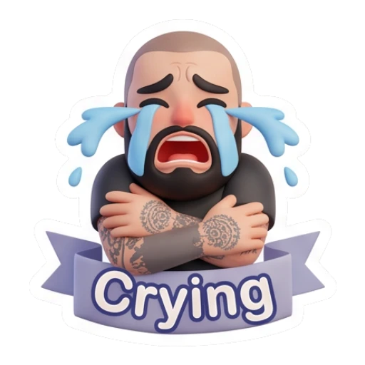 Bearded man crying with arms crossed, text Crying Bearded Guy Daily Moods sticker for expressive chats and social replies.