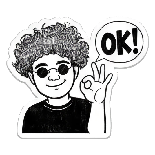 Curly-haired boy making an OK gesture with text OK. Curly Hair Doodle Vibes sticker for expressive chats and social replies.