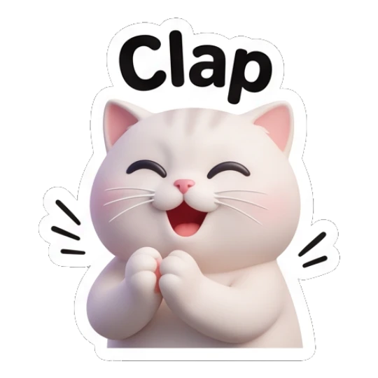 White cat clapping hands happily saying Clap. Whimsical White Cat Adventures sticker for expressive chats and social replies.