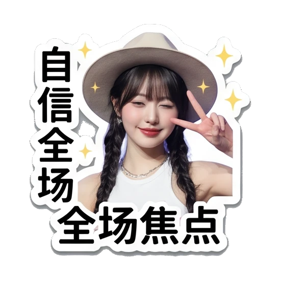 女孩比剪刀手自信微笑，文字：自信全场，全场焦点 Chic Girl Daily Vibes sticker for expressive chats and social replies.