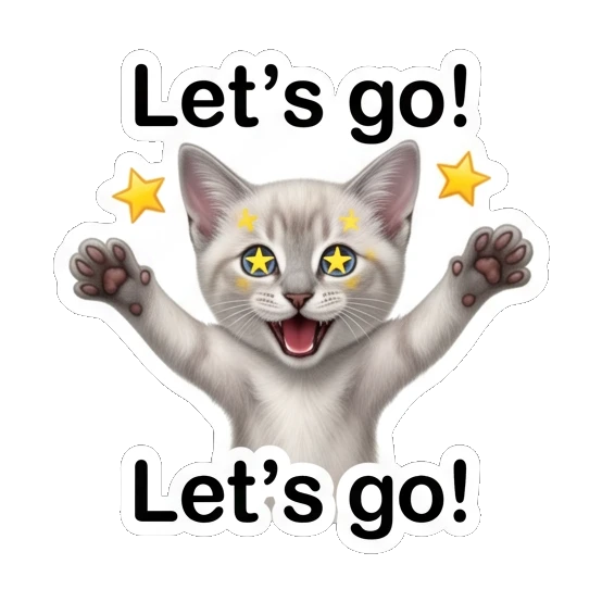 Energetic white cat with star eyes and raised paws with text Let's go Little White Cat Daily sticker for expressive chats and social replies.