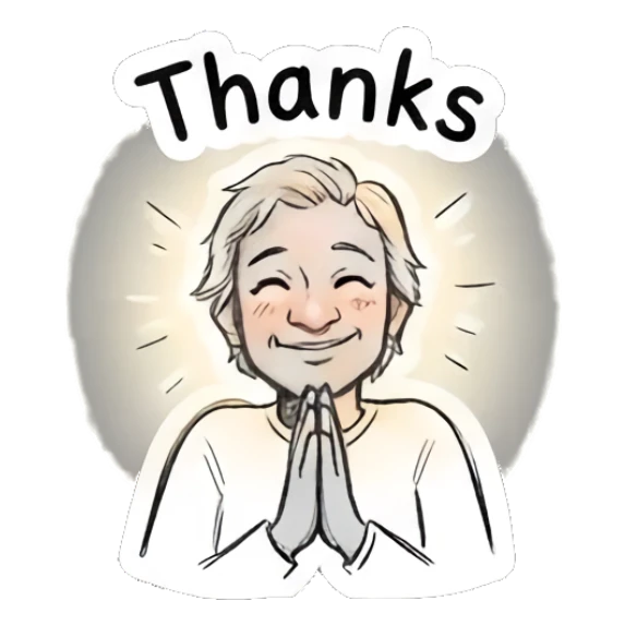 Character with hands in prayer pose glowing saying Thanks Daily Doodle Life sticker for expressive chats and social replies.