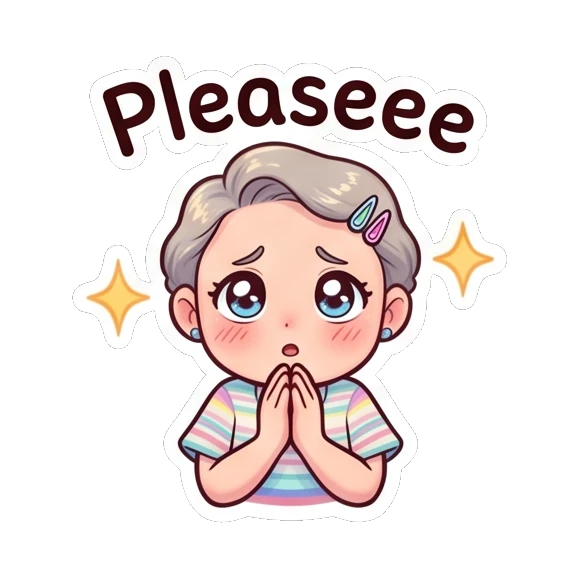 Grandma looking pleading with sparkling eyes and clasped hands. Cheerful Grandma Adventures sticker for expressive chats and social replies.