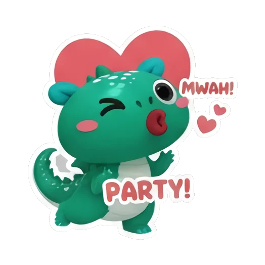 Green dinosaur blowing a kiss with MWAH and PARTY text Little Green Dino Adventures sticker for expressive chats and social replies.