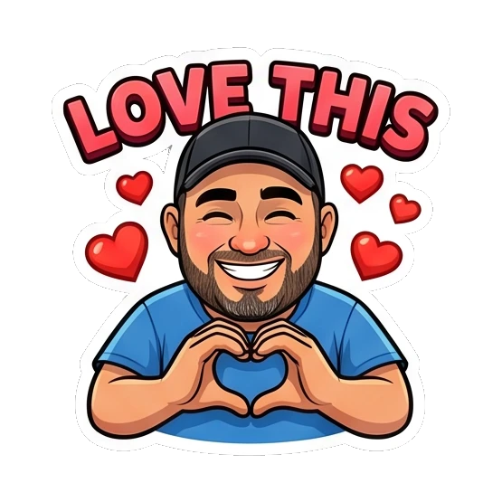 Bearded man making a heart shape with hands, 'Love This'. Bearded Guy Daily Vibes sticker for expressive chats and social replies.