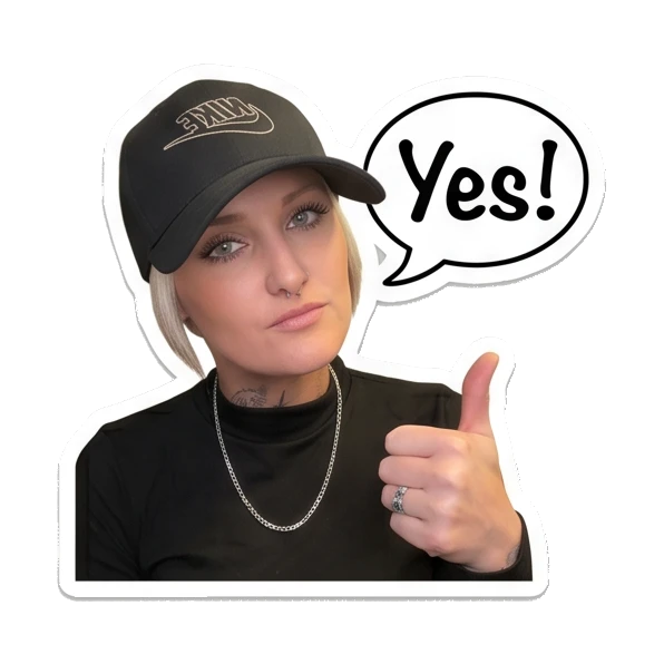 Woman giving thumbs up, smiling, text Yes Cool Girl Daily Vibes sticker for expressive chats and social replies.