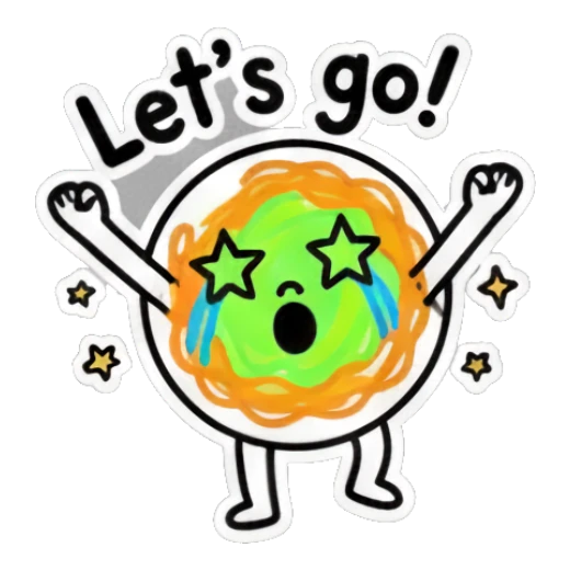 Spaghetti character looking excited with star eyes and 'Let's go!' text. Spaghetti Doodle Pals sticker for expressive chats and social replies.