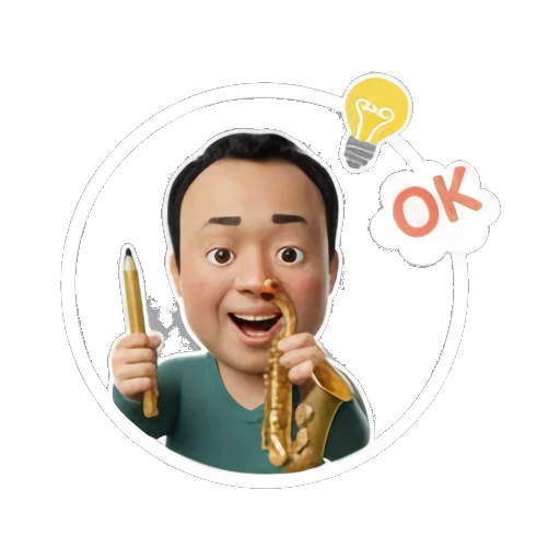Man holding a saxophone and a pencil with OK text Musical Man Expressions sticker for expressive chats and social replies.