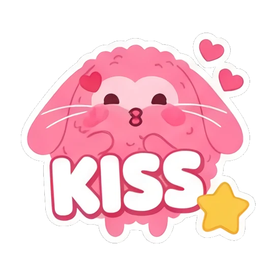 Pink bunny blowing a kiss with hearts and 'KISS' text. Pink Fluffy Bunny Emotions sticker for expressive chats and social replies.