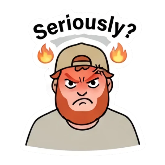 Bearded man looking angry with fire symbols above head Bearded Guy Daily Vibes sticker for expressive chats and social replies.