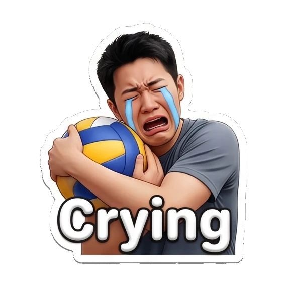 Crying player hugging volleyball, text Crying Volleyball Boy Daily Life sticker for expressive chats and social replies.