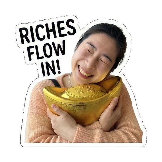 Hugging a gold ingot Joyful Lunar New Year Moments sticker for expressive chats and social replies.