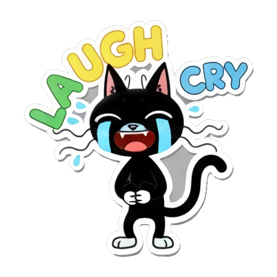 Black cat laughing and crying with LAUGH CRY text Playful Black Cat Daily Life sticker for expressive chats and social replies.