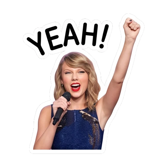 Taylor Swift singing with a microphone, arm raised, text YEAH! Taylor Swift Iconic Expressions sticker for expressive chats and social replies.