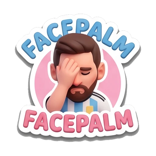 Messi character facepalming in frustration, text 'FACEPALM' Messimotes: Pure Emotion sticker for expressive chats and social replies.