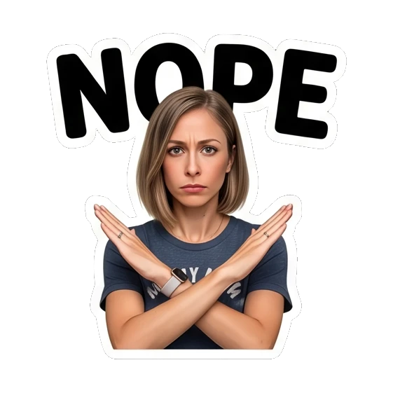 Mom crossing arms in a firm nope gesture. Mally Mom Daily Life sticker for expressive chats and social replies.