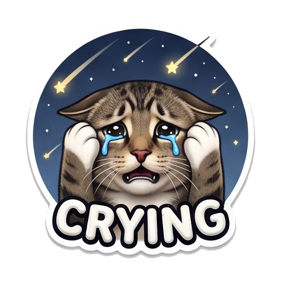 Tabby cat crying with paws on head under a starry sky. Cosmic Tabby Adventures sticker for expressive chats and social replies.