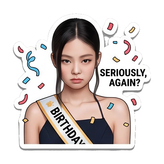 Young woman with birthday sash, looking annoyed, text SERIOUSLY AGAIN Jennie Birthday Party Vibes sticker for expressive chats and social replies.