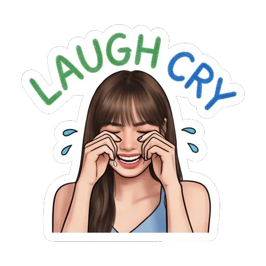 Young woman laughing while crying with LAUGH CRY text. Lisa Daily Vibes sticker for expressive chats and social replies.