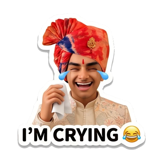 Young Indian boy crying with tears and holding a tissue. Indian Prince Expressions sticker for expressive chats and social replies.