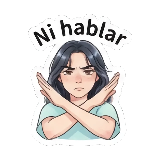 Girl making an X gesture with arms, text 'Ni hablar' Modern Spanish Girl Expressions sticker for expressive chats and social replies.
