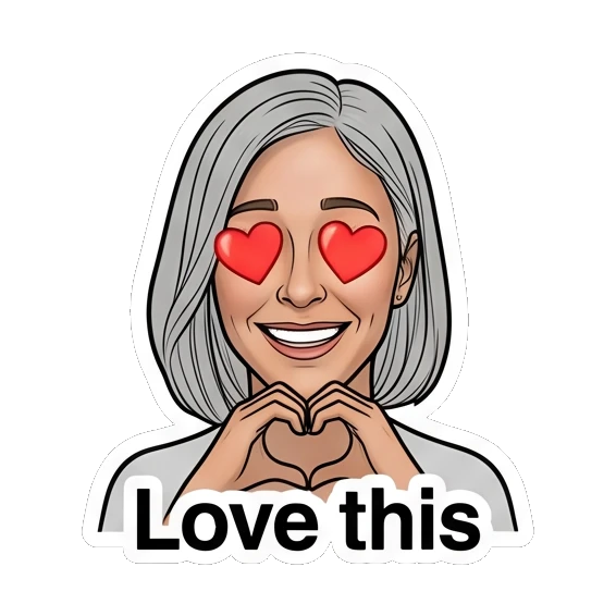女性比心手势，眼睛变成爱心，文字Love this Modern Woman Daily Vibes sticker for expressive chats and social replies.
