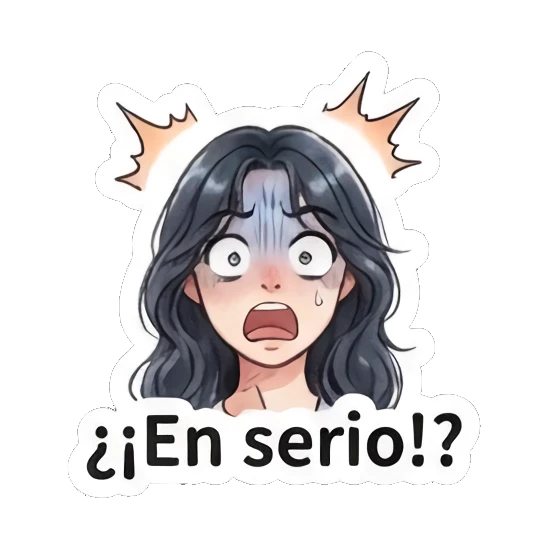 Girl looking shocked and panicked, text 'En serio' Modern Spanish Girl Expressions sticker for expressive chats and social replies.