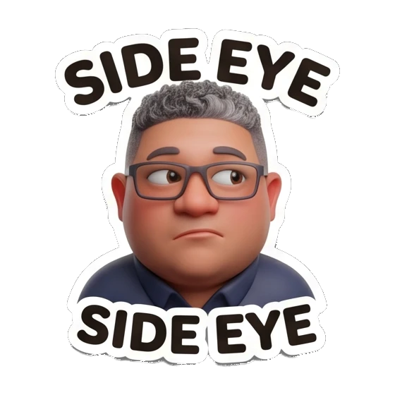 Man with glasses looking skeptical with text SIDE EYE Office Guy Expressions sticker for expressive chats and social replies.