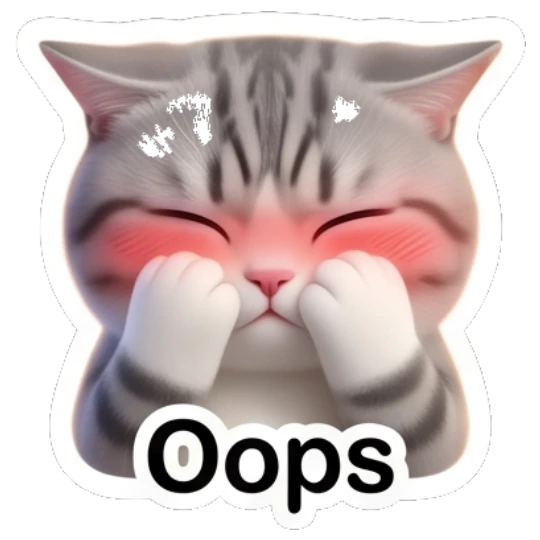 Grey cat blushing with Oops text Cute Grey Tabby Expressions sticker for expressive chats and social replies.