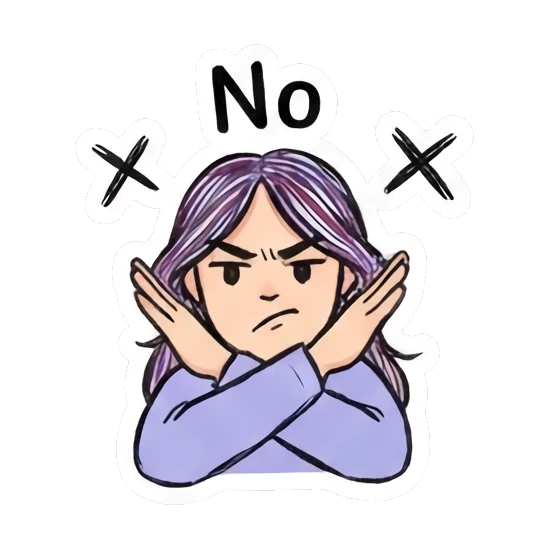 Girl crossing arms in a firm no gesture, text 'No' Daily Doodle Girl Vibes sticker for expressive chats and social replies.