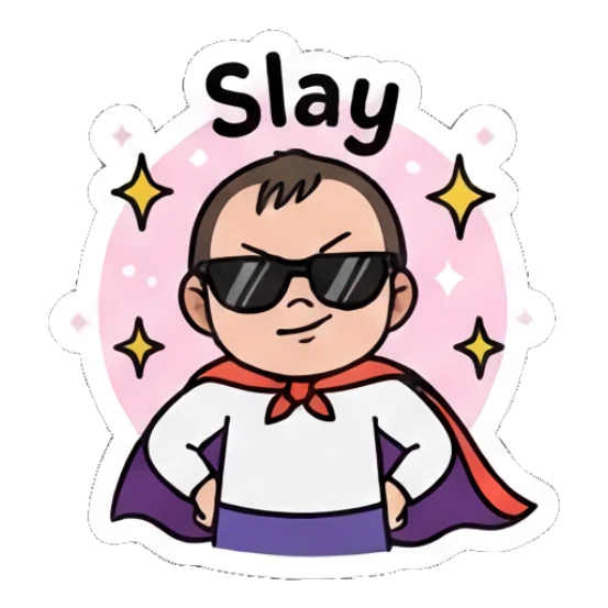 Cool baby wearing sunglasses and a cape, text 'Slay' Little Spooky Moods sticker for expressive chats and social replies.