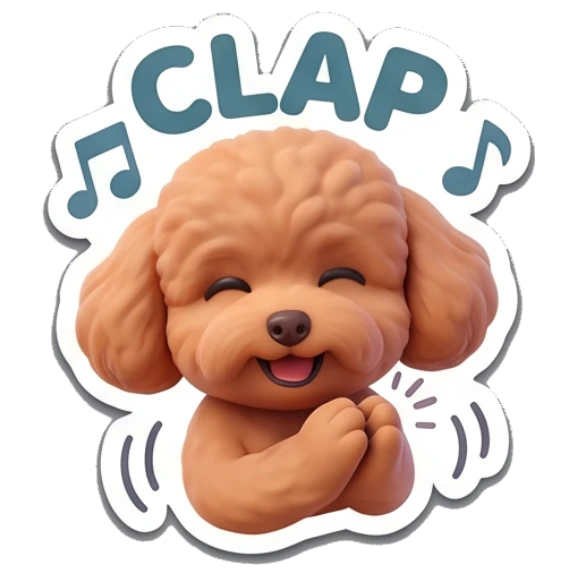 Poodle clapping hands with musical notes. Poodle Pals Daily sticker for expressive chats and social replies.