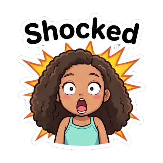 卷发女孩极度震惊，瞪大眼睛 Curly Haired Girl Expressions sticker for expressive chats and social replies.