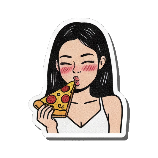 Girl eating a slice of pizza, text NOM NOM! Retro Comic Girl Expressions sticker for expressive chats and social replies.