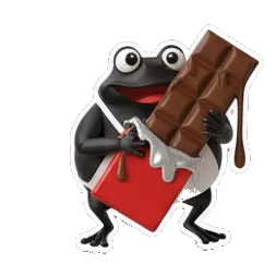 Chocolate frog eating a large bar with YUM text Choco Froggy Adventures sticker for expressive chats and social replies.
