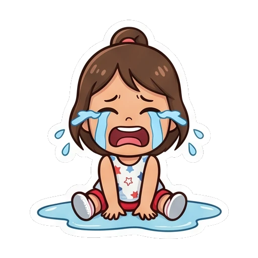 Girl sitting and crying loudly with puddles Cheerful Star Girl Adventures sticker for expressive chats and social replies.