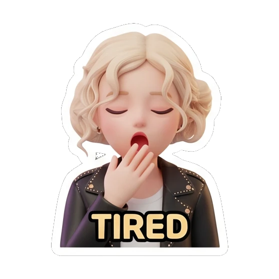 金发女孩打哈欠，表情疲惫，文字TIRED Blonde Rocker Girl Daily sticker for expressive chats and social replies.