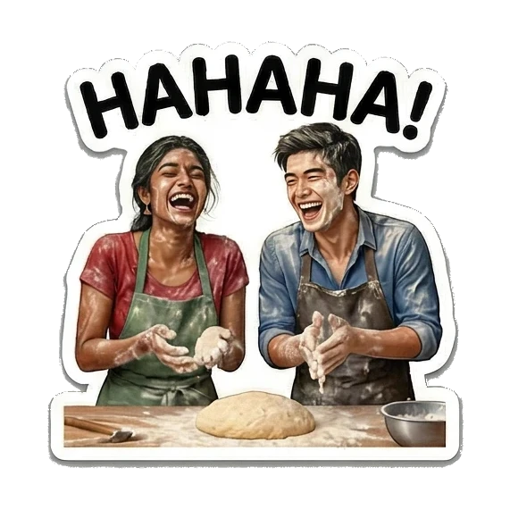 情侣在厨房大笑互动 Culinary Couple Moments sticker for expressive chats and social replies.